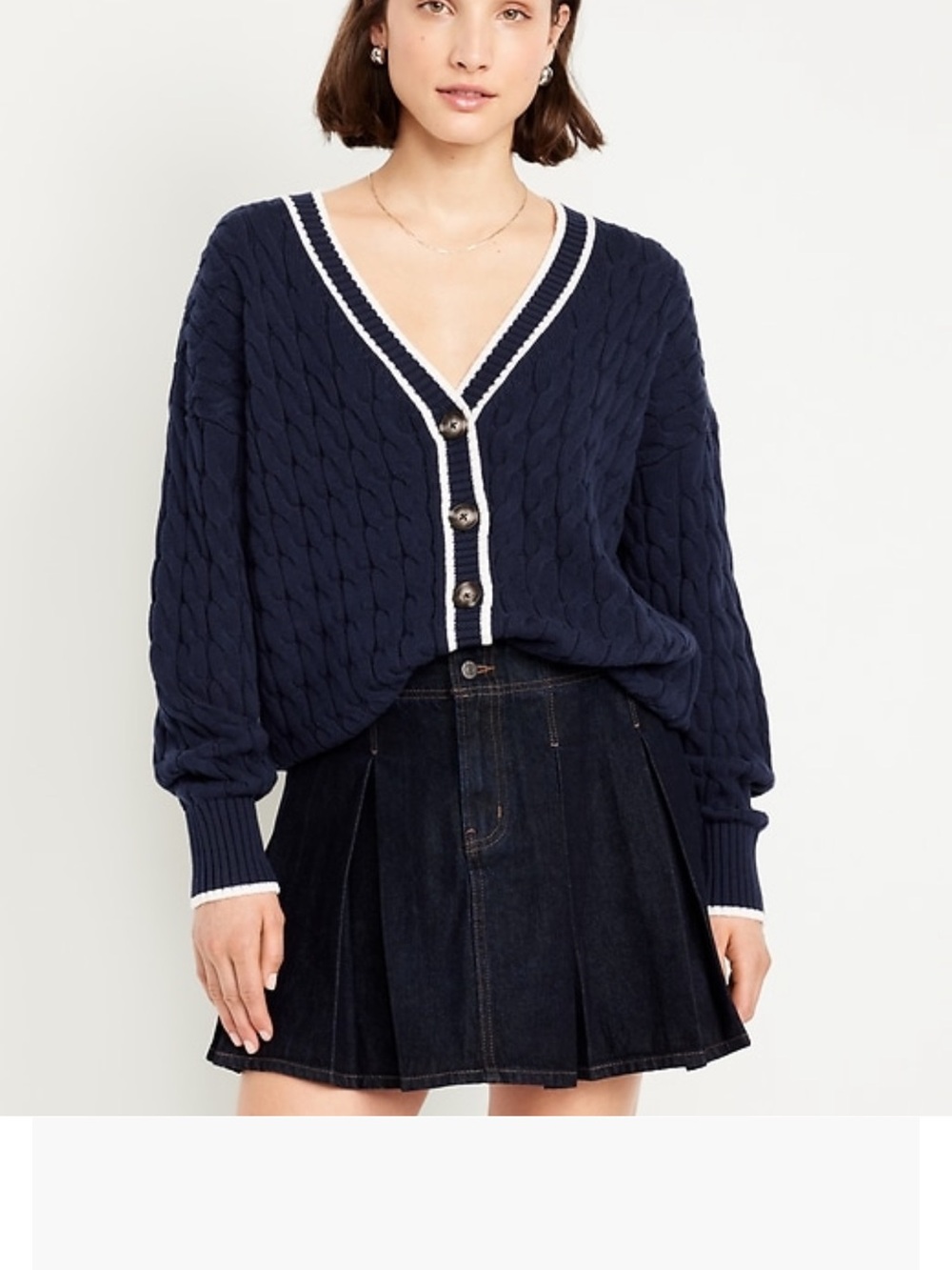 Old Navy Navy Cable-Knit V-Neck Cardigan with White Trim